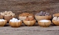 Different types of sugar in a many bowls on table Royalty Free Stock Photo