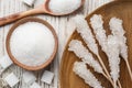 Different types of sugar on white wooden table, flat lay Royalty Free Stock Photo