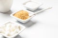 Different types of sugars in the white bowls Royalty Free Stock Photo