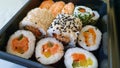 Different types of sushi on a black tray. Royalty Free Stock Photo