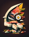 Different types of sushi on a dark background. Stylized illustration. Generative AI