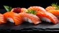 different types of sushi are displayed on a plate together