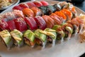 Different types of sushi rolls beautifully arranged on a white plate, A plate of colorful sushi rolls arranged tastefully