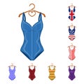 Different types of swimsuits cartoon icons in set collection for design. Swimming accessories vector symbol stock web