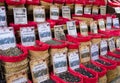 Different types of tea in a store sold in a traditional market in Granada, Spain