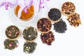 different types of tea on a white background. a kind of delicious fruit tea. Royalty Free Stock Photo