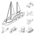 Different types of transport outline icons in set collection for design. Car and ship isometric vector symbol stock web Royalty Free Stock Photo