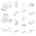 Different types of transport outline icons in set collection for design. Car and ship vector symbol stock web Royalty Free Stock Photo