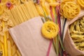 Different types of uncooked pasta , top view Royalty Free Stock Photo