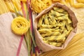 Different types of uncooked pasta , top view Royalty Free Stock Photo