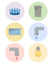 Different types of utilities, facilities icon set, municipal services illustration, cold and hot water, trash, gas