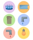Different types of utilities, facilities icon set, municipal services illustration, cold and hot water, trash, gas