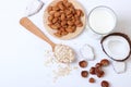 Different types of vegetable milk on the table.