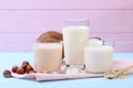 Different types of vegetable milk on the table.