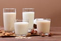 Different types of vegetable milk on the table.