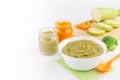 Different types of vegetable puree near ingredients Royalty Free Stock Photo