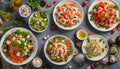 Different types of vegetable and seafood salads Royalty Free Stock Photo