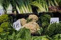 Different types of vegetables in a food market with prices Royalty Free Stock Photo