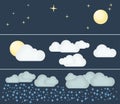 Different types of weather. Night and winter. Flat vector illustration. Symbols and icons of weather topic.