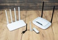 Different types of Wi-Fi routers, modern and old technology. Wireless ethernet connection signal. USB Wifi Receiver Wireless Royalty Free Stock Photo