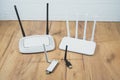 Different types of Wi-Fi routers, modern and old technology. Wireless ethernet connection signal. USB Wifi Receiver Wireless Royalty Free Stock Photo