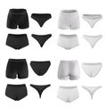 Different types of women\'s panties. Black and white underwear. 3d rendering mockup. Bikini, tanga, shorts, briefs.