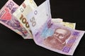 Different Ukrainian hryvnias on a black background. Royalty Free Stock Photo