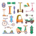 Different urban park activity sport wheel devices, vehicles and park transport vector illustration set. Baby manual car