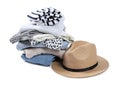 Different used clothes and hat isolated on white Royalty Free Stock Photo