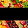 Different useful fruits and vegetables isolated on black . Free space for text Royalty Free Stock Photo