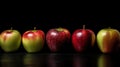 Different varieties of apples in a row, fresh fruits, white background isolate. AI generated. Royalty Free Stock Photo