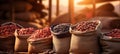 Different varieties of cocoa beans displayed in burlap sacks at a rural processing facility during sunset Royalty Free Stock Photo