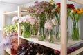 Different varieties. Fresh spring flowers in refrigerator for flowers in flower shop. Bouquets on shelf, florist Royalty Free Stock Photo