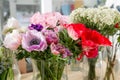 Different varieties. Fresh spring flowers in refrigerator for flowers in flower shop. Bouquets on shelf, florist Royalty Free Stock Photo