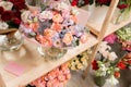 Different varieties. Fresh spring flowers in refrigerator for flowers in flower shop. Bouquets on shelf, florist Royalty Free Stock Photo