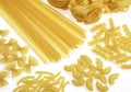 Different Varieties of Pasta : Spaghettis, Pasta shells, Macaronis, Tagliatelles, Twisted pasta Royalty Free Stock Photo