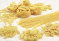 Different Varieties of Pasta : Spaghettis, Pasta shells, Macaronis, Tagliatelles, Twisted pasta Royalty Free Stock Photo