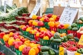 Different varieties of peppers at a farmer\'s market Royalty Free Stock Photo