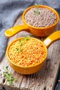 Different varieties of red lentils in ceramic bowls Royalty Free Stock Photo