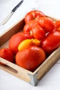 Different varieties of tomatoes on a wooden tray. Colorful red and yellow fresh ripe tomatoes Royalty Free Stock Photo