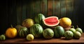 Different varieties of watermelons and melons. Royalty Free Stock Photo