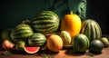Different varieties of watermelons and melons. Royalty Free Stock Photo