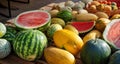Different varieties of watermelons and melons. Royalty Free Stock Photo