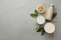 Different vegan milks and ingredients on light grey table, flat lay. Space for text Royalty Free Stock Photo