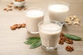Different vegan milks and nuts on wooden table, closeup Royalty Free Stock Photo