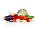 Different vegetables: cabbage, peppers, onions, tomatoes