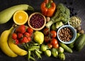 Different vegetables and fruits lifestyle agriculture on an old background Royalty Free Stock Photo