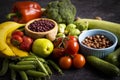 Different vegetables and fruits on an old background Royalty Free Stock Photo