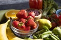 Different vegetables and fruits veges various   lifestyle agriculture on an old background Royalty Free Stock Photo