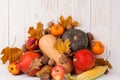 Different vegetables, pumpkins, apples, pears, nuts, corn, tomatoes and dry leaves on white wooden background. Autumn Harvest Royalty Free Stock Photo